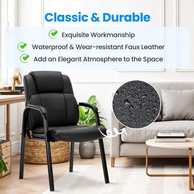 Alt view image 5 of 7 - Waiting Room Leather Guest Chairs with Padded Arms, Comfy Stationary Reception Meeting Chair, Rest for Conference Side Office Home Desk Elderly Salon Clinic, 2 Pack
