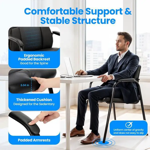 Alt view image 6 of 7 - Waiting Room Leather Guest Chairs with Padded Arms, Comfy Stationary Reception Meeting Chair, Rest for Conference Side Office Home Desk Elderly Salon Clinic, 2 Pack