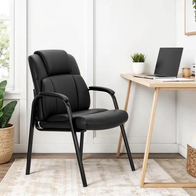 Alt view image 7 of 7 - Waiting Room Leather Guest Chairs with Padded Arms, Comfy Stationary Reception Meeting Chair, Rest for Conference Side Office Home Desk Elderly Salon Clinic, 2 Pack