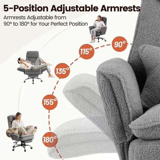 Alt view image 5 of 7 - Criss Cross Office Chair with Armrests & Wheels, Big and Tall Office Chair with Footrest, Flip Armrests for Pets, Wider Seat Cross Legged Office Chair, Ergonomic Chair, Teddy, LightGrey