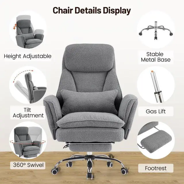 Alt view image 6 of 7 - Criss Cross Office Chair with Armrests & Wheels, Big and Tall Office Chair with Footrest, Flip Armrests for Pets, Wider Seat Cross Legged Office Chair, Ergonomic Chair, Teddy, LightGrey