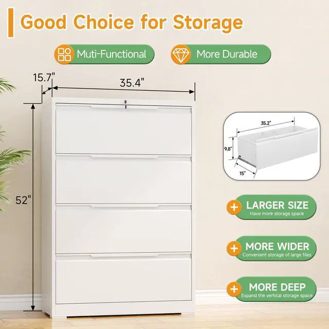 Alt view image 3 of 7 - 4 Drawer Lateral File Cabinet with Lock,Metal File Cabinets for Home Office,Locking Filing Cabinet for Letters/Legal/A4 Size, Assembly Required,White 4 Drawer-36 W
