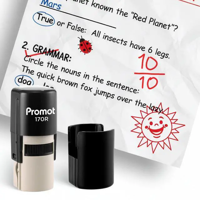 Main image of Teacher Self-Inking Stamp, Round Rubber Stamp (Happy Sun Red) | Encourages Student Engagement, Makes Grading Faster, Crisp & Consistent Impressions, Built-In Self-Inking Mechanism
