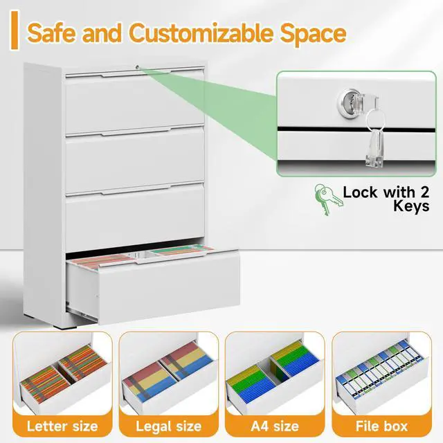 Alt view image 6 of 7 - 4 Drawer Lateral File Cabinet with Lock,Metal File Cabinets for Home Office,Locking Filing Cabinet for Letters/Legal/A4 Size, Assembly Required,White 4 Drawer-36 W