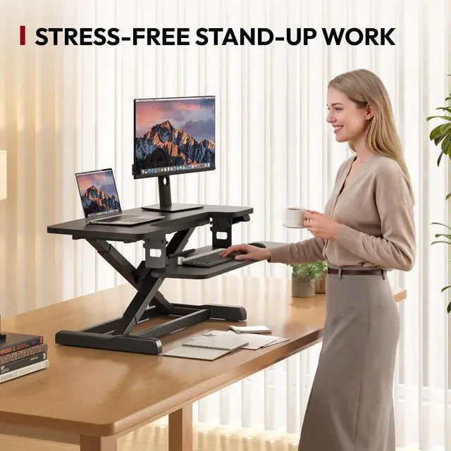 Alt view image 4 of 7 - 35" Electric Standing Desk Converter,Height Adjustable Riser for Office Home, Monitor and Laptop Workstation with Large Keyboard Tray, Black Color
