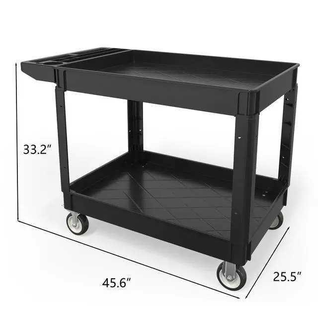 Alt view image 2 of 7 - 2 Tier Plastic Rolling Cart Utility Cart on Wheels, Heavy Duty Tool Carts with Ergonomic Storage Handle and Deep Shelfs, Work Cart Service Carts for Garage, Warehouse, Workshop, Office, Cleaning