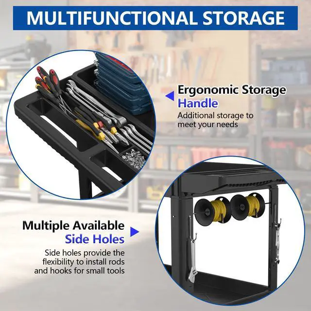 Alt view image 3 of 7 - 2 Tier Plastic Rolling Cart Utility Cart on Wheels, Heavy Duty Tool Carts with Ergonomic Storage Handle and Deep Shelfs, Work Cart Service Carts for Garage, Warehouse, Workshop, Office, Cleaning