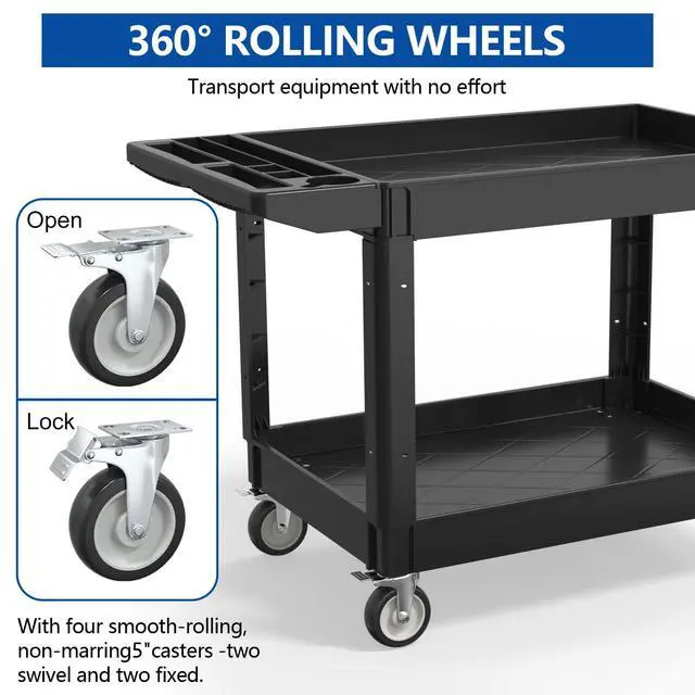 Alt view image 5 of 7 - 2 Tier Plastic Rolling Cart Utility Cart on Wheels, Heavy Duty Tool Carts with Ergonomic Storage Handle and Deep Shelfs, Work Cart Service Carts for Garage, Warehouse, Workshop, Office, Cleaning