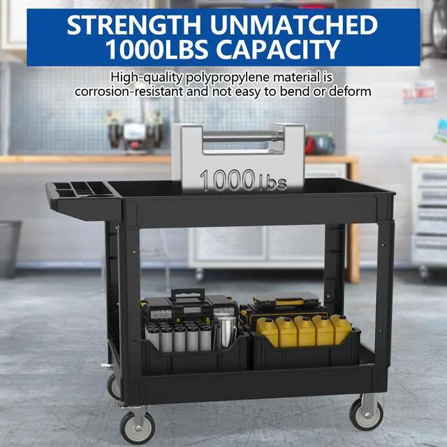 Alt view image 6 of 7 - 2 Tier Plastic Rolling Cart Utility Cart on Wheels, Heavy Duty Tool Carts with Ergonomic Storage Handle and Deep Shelfs, Work Cart Service Carts for Garage, Warehouse, Workshop, Office, Cleaning