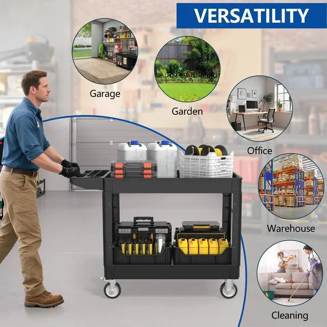 Alt view image 7 of 7 - 2 Tier Plastic Rolling Cart Utility Cart on Wheels, Heavy Duty Tool Carts with Ergonomic Storage Handle and Deep Shelfs, Work Cart Service Carts for Garage, Warehouse, Workshop, Office, Cleaning
