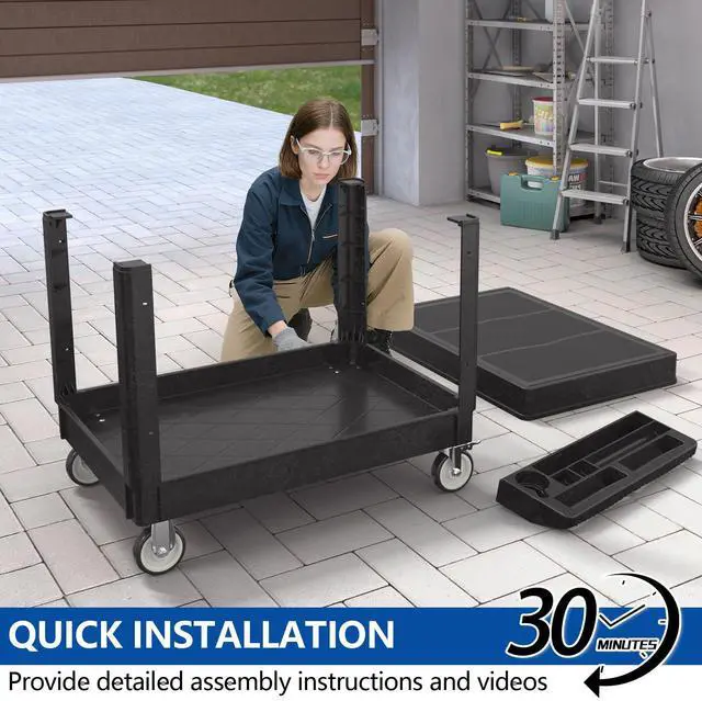 Alt view image 4 of 7 - Large Garage Flat Top Utility Cart, Heavy Duty 2 Shelf Tool Cart Service Cart Rolling Push Carts with Ergonomic Handle 5" Swivel Casters
