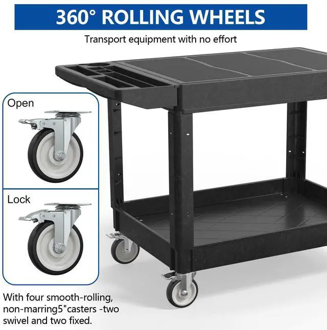 Alt view image 5 of 7 - Large Garage Flat Top Utility Cart, Heavy Duty 2 Shelf Tool Cart Service Cart Rolling Push Carts with Ergonomic Handle 5" Swivel Casters