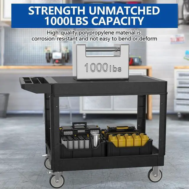 Alt view image 6 of 7 - Large Garage Flat Top Utility Cart, Heavy Duty 2 Shelf Tool Cart Service Cart Rolling Push Carts with Ergonomic Handle 5" Swivel Casters