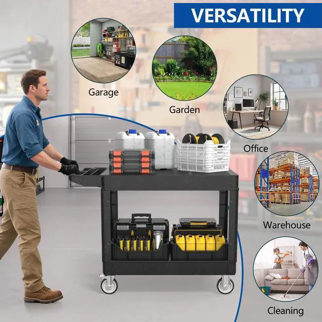 Alt view image 7 of 7 - Large Garage Flat Top Utility Cart, Heavy Duty 2 Shelf Tool Cart Service Cart Rolling Push Carts with Ergonomic Handle 5" Swivel Casters