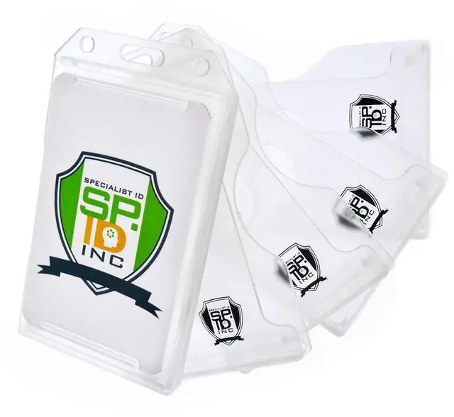 Main image of Bulk 50 Pack - Clear Hard Plastic Badge Holder Vertical - Side Load 2 Card Protector - Multiple Card ID Badge Holders - Heavy Duty Rigid/Hard Plastic by (Clear)