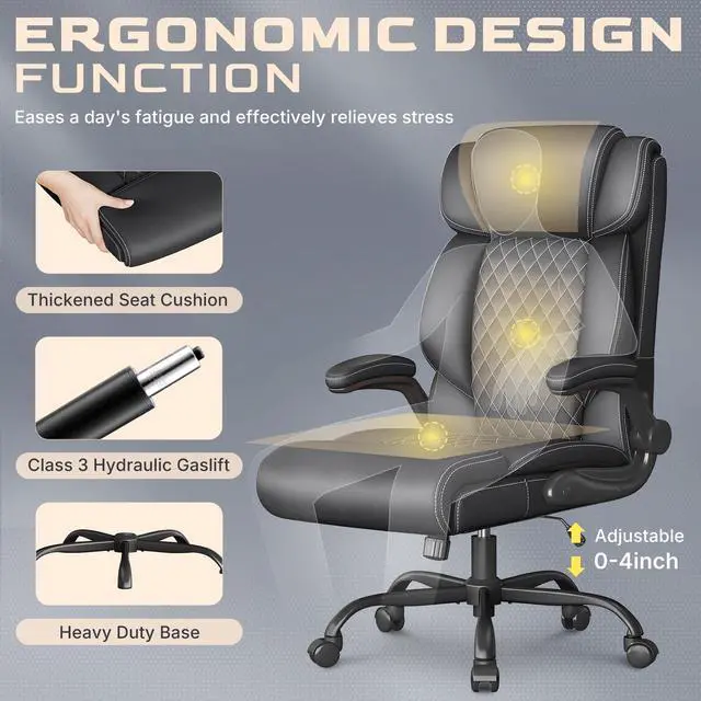 Alt view image 5 of 7 - Office Chair-Executive High Back Breathable Big and Tall Office Chair Flip-up Armrests Lumbar Support-Ergonomic Leather Rolling Swivel Chair with Rock Function for Working Studying Gaming,Black