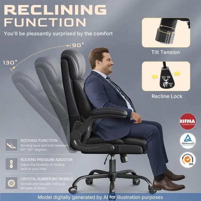 Alt view image 7 of 7 - Office Chair-Executive High Back Breathable Big and Tall Office Chair Flip-up Armrests Lumbar Support-Ergonomic Leather Rolling Swivel Chair with Rock Function for Working Studying Gaming,Black