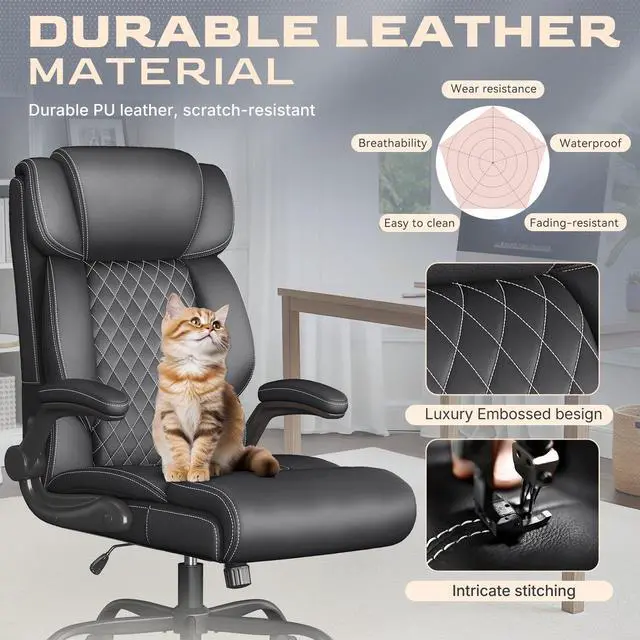 Alt view image 3 of 7 - Office Chair-Executive High Back Breathable Big and Tall Office Chair Flip-up Armrests Lumbar Support-Ergonomic Leather Rolling Swivel Chair with Rock Function for Working Studying Gaming,Black