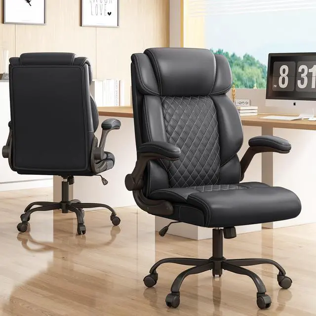 Alt view image 6 of 7 - Office Chair-Executive High Back Breathable Big and Tall Office Chair Flip-up Armrests Lumbar Support-Ergonomic Leather Rolling Swivel Chair with Rock Function for Working Studying Gaming,Black