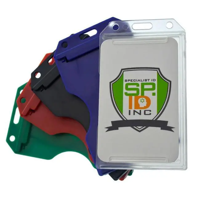 Alt view image 2 of 7 - Bulk 50 Pack - Hard Plastic Badge Holder Vertical - Side Load 2 Card Protector - Multiple Card ID Badge Holders - Heavy Duty Rigid/Hard Plastic by (Assorted Colors)