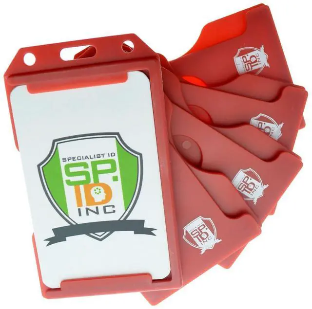 Main image of Bulk 50 Pack - Red Hard Plastic Badge Holder Vertical - Side Load 2 Card Protector - Multiple Card ID Badge Holders - Heavy Duty Rigid/Hard Plastic by (Red)
