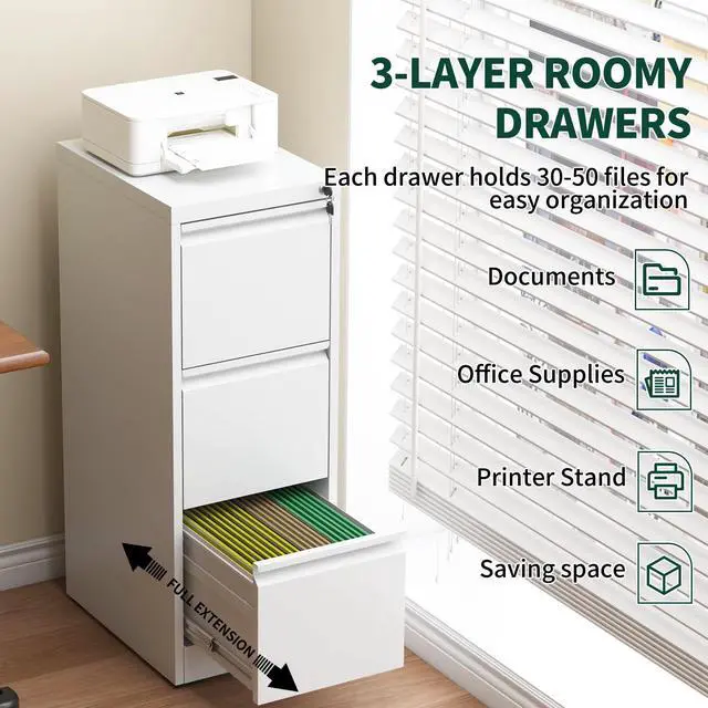 Alt view image 3 of 7 - 3 Drawer File Cabinet with Lock, Vertical File Cabinet with Lock, Locking File Cabinet Hanging Files for A4/ Legal/Letter,White