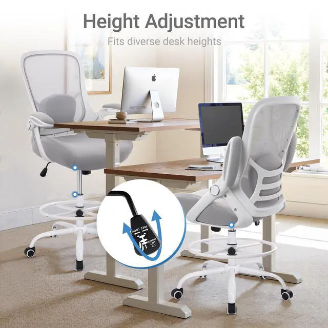 Alt view image 3 of 7 - 400lbs Heavy Duty Drafting Chair 5" Thickened Seat Office Chair with Flip-Up Armrests Tall Ergonomic Computer Chair with Lumbar Support and Adjustable Footrest Ring Standing Desk Chair (Grey)