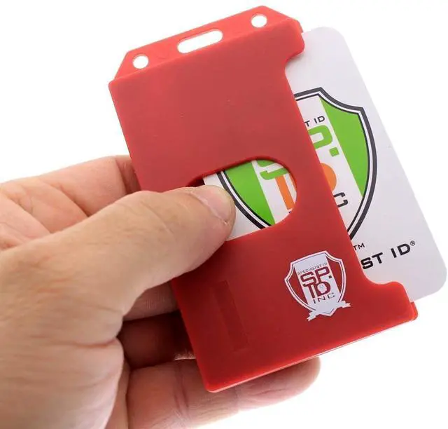 Alt view image 5 of 7 - Bulk 50 Pack - Red Hard Plastic Badge Holder Vertical - Side Load 2 Card Protector - Multiple Card ID Badge Holders - Heavy Duty Rigid/Hard Plastic by (Red)