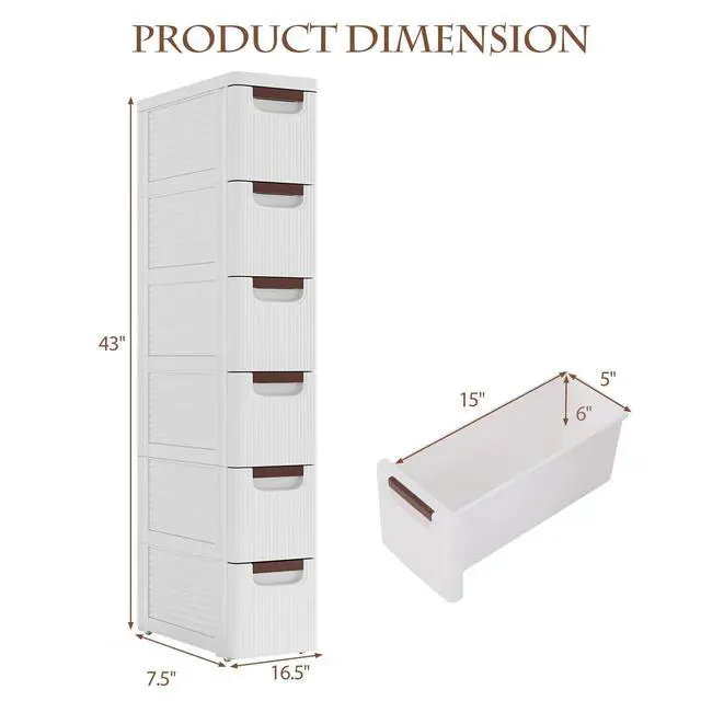 Alt view image 2 of 7 - 6-Drawer Plastic Storage Cart, Narrow Organizer Rolling Cart with 4 Wheels, Space-Saving Slim Mobile Utility for Bathroom, Office & Classroom