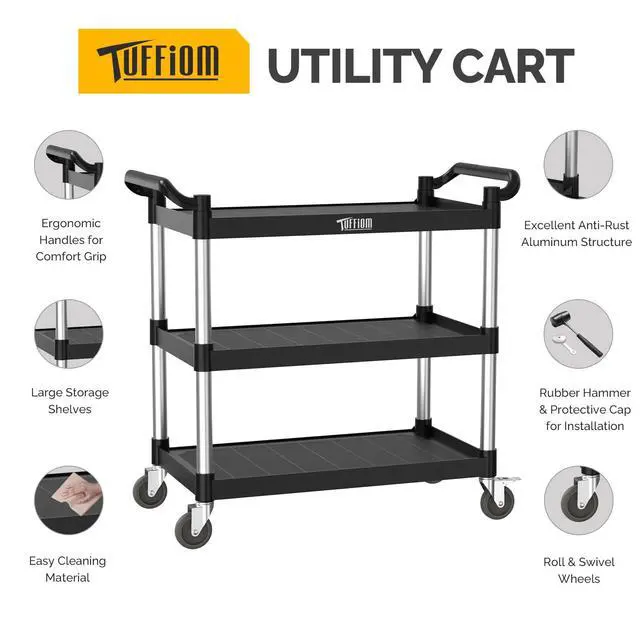 Alt view image 2 of 7 - Plastic Service Utility Cart with Wheels,Heavy Duty 450lbs Capacity, 3-Tier Commercial Rolling, Ideal for Restaurant, Foodservice, Office, Warehouse, Black 39.8''L x 19.1''W x 38.4''H