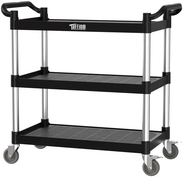 Main image of Plastic Service Utility Cart with Wheels,Heavy Duty 450lbs Capacity, 3-Tier Commercial Rolling, Ideal for Restaurant, Foodservice, Office, Warehouse, Black 39.8''L x 19.1''W x 38.4''H