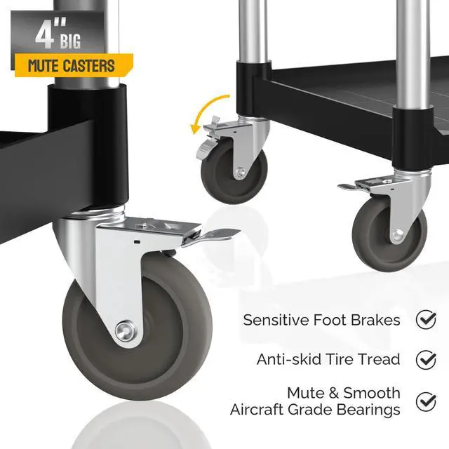 Alt view image 3 of 7 - Plastic Service Utility Cart with Wheels,Heavy Duty 450lbs Capacity, 3-Tier Commercial Rolling, Ideal for Restaurant, Foodservice, Office, Warehouse, Black 39.8''L x 19.1''W x 38.4''H