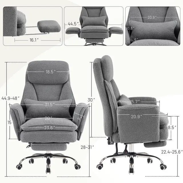 Alt view image 2 of 7 - Criss Cross Office Chair with Armrests & Wheels, Big and Tall Office Chair with Footrest, Flip Armrests for Pets, Wider Seat Cross Legged Office Chair, Ergonomic Chair, Teddy, LightGrey