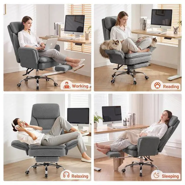 Alt view image 3 of 7 - Criss Cross Office Chair with Armrests & Wheels, Big and Tall Office Chair with Footrest, Flip Armrests for Pets, Wider Seat Cross Legged Office Chair, Ergonomic Chair, Teddy, LightGrey