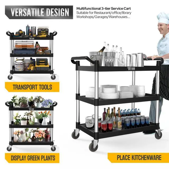Alt view image 4 of 7 - Plastic Service Utility Cart with Wheels,Heavy Duty 450lbs Capacity, 3-Tier Commercial Rolling, Ideal for Restaurant, Foodservice, Office, Warehouse, Black 39.8''L x 19.1''W x 38.4''H