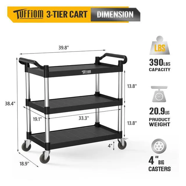 Alt view image 7 of 7 - Plastic Service Utility Cart with Wheels,Heavy Duty 450lbs Capacity, 3-Tier Commercial Rolling, Ideal for Restaurant, Foodservice, Office, Warehouse, Black 39.8''L x 19.1''W x 38.4''H