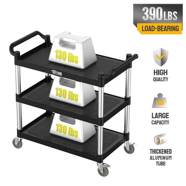 Alt view image 6 of 7 - Plastic Service Utility Cart with Wheels,Heavy Duty 450lbs Capacity, 3-Tier Commercial Rolling, Ideal for Restaurant, Foodservice, Office, Warehouse, Black 39.8''L x 19.1''W x 38.4''H