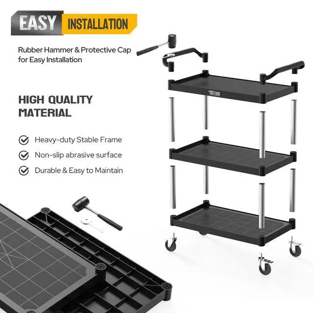Alt view image 5 of 7 - Plastic Service Utility Cart with Wheels,Heavy Duty 450lbs Capacity, 3-Tier Commercial Rolling, Ideal for Restaurant, Foodservice, Office, Warehouse, Black 39.8''L x 19.1''W x 38.4''H