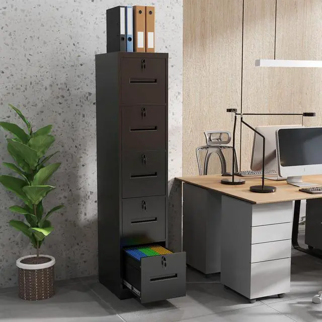 Alt view image 2 of 6 - 5 Drawer File Cabinet with 5 Locks, Narrow Tall Storage Cabinets | Metal Vertical Filing Cabinets for Home Office, Heavy-duty Steel Cabinet for A4/Legal/Letter size Files, Assembly Required