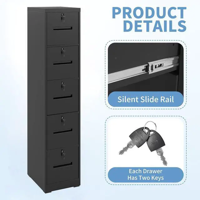 Alt view image 4 of 6 - 5 Drawer File Cabinet with 5 Locks, Narrow Tall Storage Cabinets | Metal Vertical Filing Cabinets for Home Office, Heavy-duty Steel Cabinet for A4/Legal/Letter size Files, Assembly Required