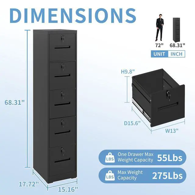 Alt view image 3 of 6 - 5 Drawer File Cabinet with 5 Locks, Narrow Tall Storage Cabinets | Metal Vertical Filing Cabinets for Home Office, Heavy-duty Steel Cabinet for A4/Legal/Letter size Files, Assembly Required
