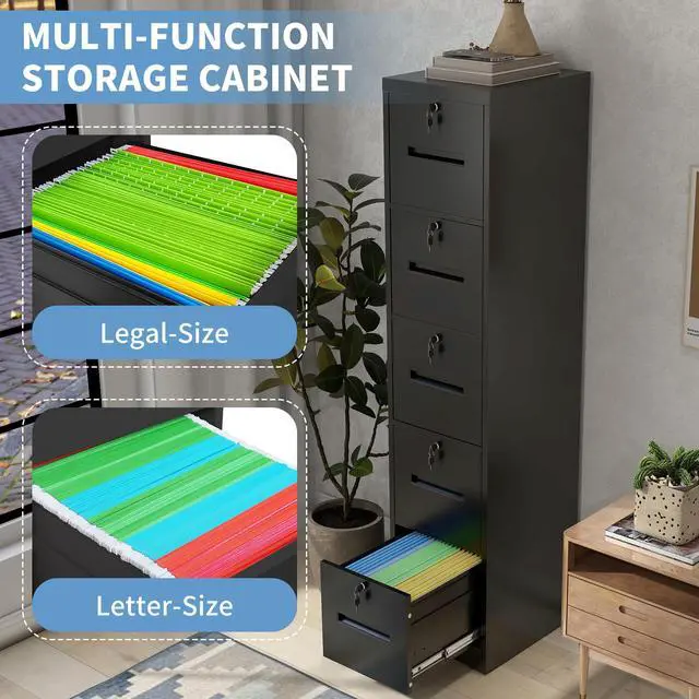 Alt view image 5 of 6 - 5 Drawer File Cabinet with 5 Locks, Narrow Tall Storage Cabinets | Metal Vertical Filing Cabinets for Home Office, Heavy-duty Steel Cabinet for A4/Legal/Letter size Files, Assembly Required
