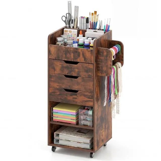 Main image of Craft Storage Cart - Utility Organizer Cart with 3 Drawers, 3 Shelves, 3 Slotted Compartments, 2 Rolling Rods, Crafting Sewing Cabinet on Wheels for Wrapping Paper Scrapbook Ribbon