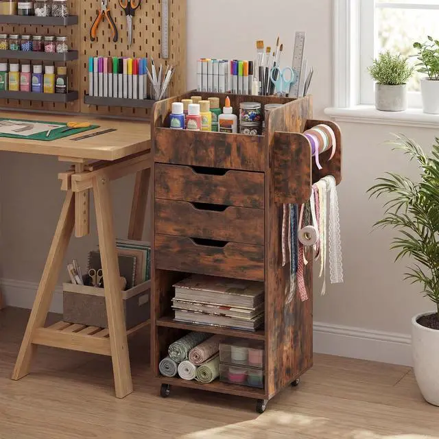 Alt view image 2 of 7 - Craft Storage Cart - Utility Organizer Cart with 3 Drawers, 3 Shelves, 3 Slotted Compartments, 2 Rolling Rods, Crafting Sewing Cabinet on Wheels for Wrapping Paper Scrapbook Ribbon
