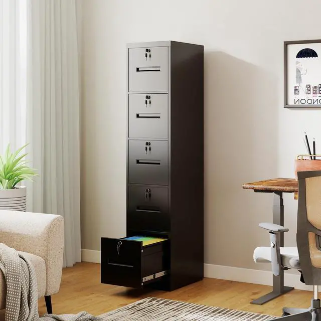 Alt view image 6 of 6 - 5 Drawer File Cabinet with 5 Locks, Narrow Tall Storage Cabinets | Metal Vertical Filing Cabinets for Home Office, Heavy-duty Steel Cabinet for A4/Legal/Letter size Files, Assembly Required