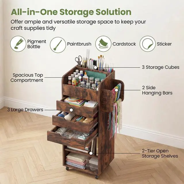 Alt view image 4 of 7 - Craft Storage Cart - Utility Organizer Cart with 3 Drawers, 3 Shelves, 3 Slotted Compartments, 2 Rolling Rods, Crafting Sewing Cabinet on Wheels for Wrapping Paper Scrapbook Ribbon