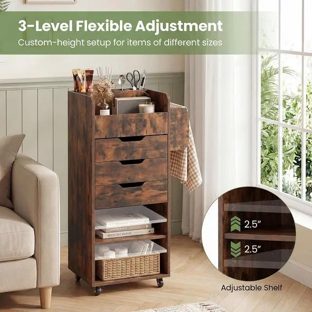 Alt view image 5 of 7 - Craft Storage Cart - Utility Organizer Cart with 3 Drawers, 3 Shelves, 3 Slotted Compartments, 2 Rolling Rods, Crafting Sewing Cabinet on Wheels for Wrapping Paper Scrapbook Ribbon