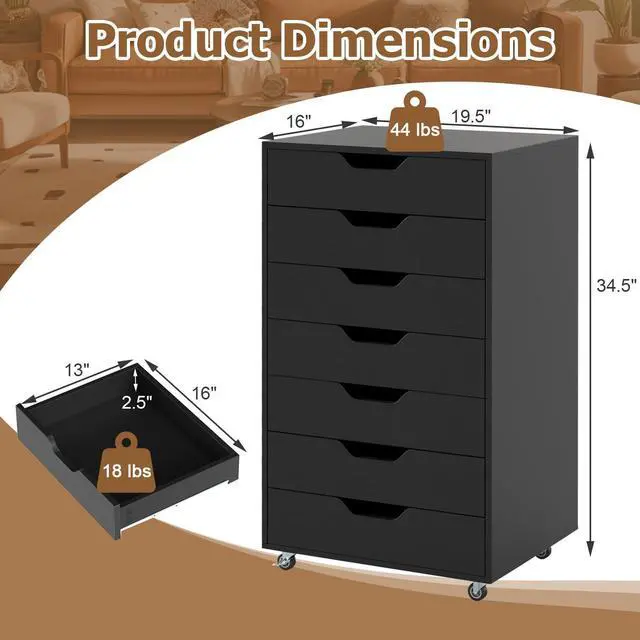 Alt view image 3 of 7 - 7 Drawers Filing Cabinet, Vertical File Cabinet for | Under Desk Mobile Storage Organizer, Storage Cabinets with Wheels, Lateral Filing Cabinet for Home Office Living Room, Study