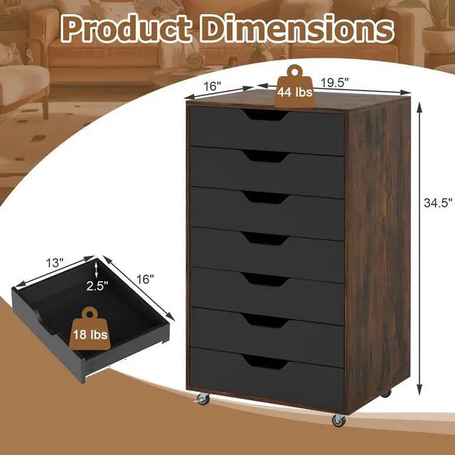 Alt view image 3 of 7 - 7 Drawers Filing Cabinet, Vertical File Cabinet for Home Office, Mobile Under Desk Office Storage Cabinets with Wheels (Rustic Brown)