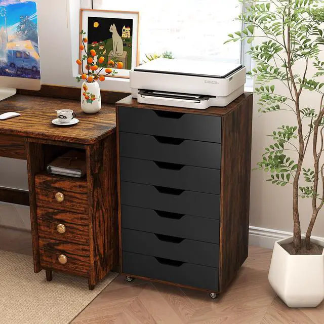 Alt view image 7 of 7 - 7 Drawers Filing Cabinet, Vertical File Cabinet for Home Office, Mobile Under Desk Office Storage Cabinets with Wheels (Rustic Brown)